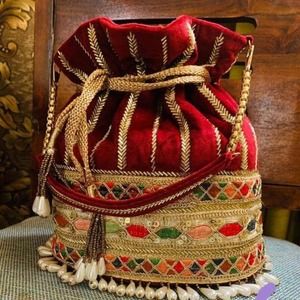 NWT Maroon red zardozi embroidered potli purse beaded bridal clutch for wedding